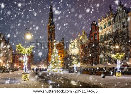 Similar – Image, Stock Photo Snowy market place, decorated for Christmas with fairy lights and Christmas tree, Chemnitz, historical city hall