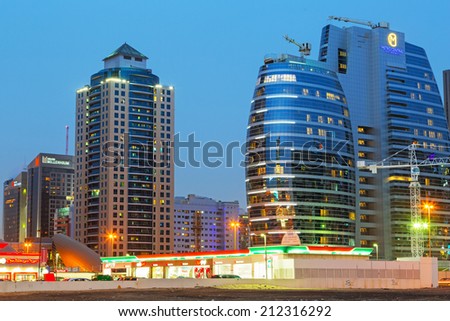 DUBAI, UAE - 3 APRIL 2014: Technology park in Dubai Internet City at dusk, UAE. Dubai Internet City is created by the government free economic zone for global information technology firms.