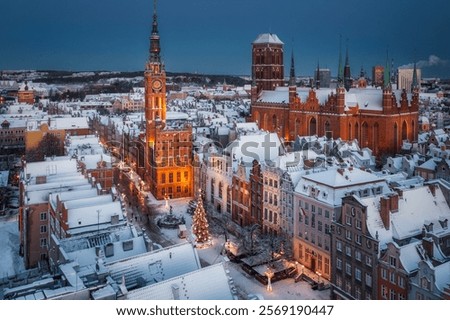 Similar – Image, Stock Photo Snowy market place, decorated for Christmas with fairy lights and Christmas tree, Chemnitz, historical city hall