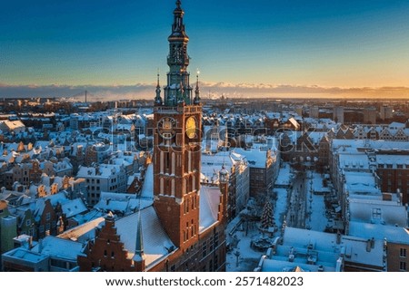 Image, Stock Photo Snowy market place, decorated for Christmas with fairy lights and Christmas tree, Chemnitz, historical city hall