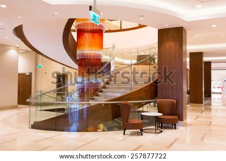 WARSAW, POLAND - 28 FEBRUARY 2014: Lobby and hall of DoubleTree by Hilton Hotel & Conference Centre in Warsaw, Poland. DoubleTree by Hilton has over 400 hotels and resorts around the world.