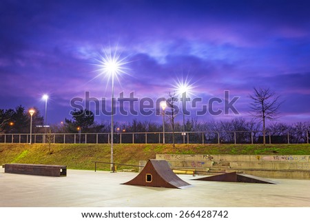 Skate park in Gdansk at dusk, Poland.