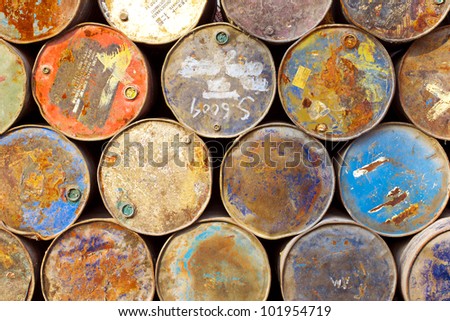 Similar – Image, Stock Photo Stacked, rusty metal drums and other waste