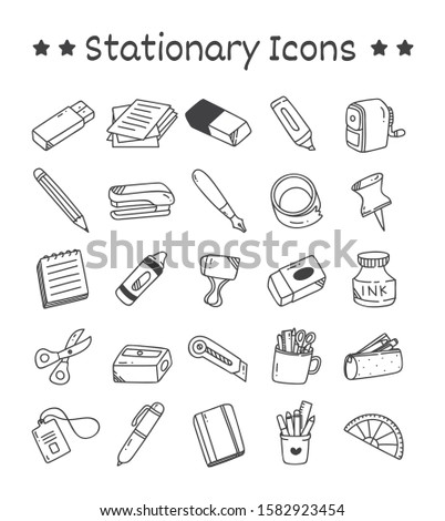 Set of Stationary Icons in Doodle Style Vector Illustration