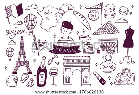 France Travel Destination Doodle Set Vector Illustration