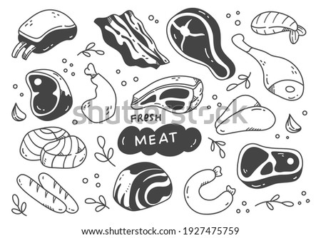 set of hand drawn meat doodle 