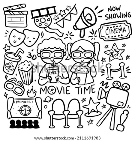 Set of Hand Drawn Kawaii Movie Time Vector Illustration