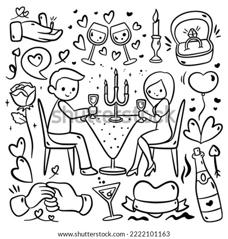 hand drawn cartoon candle light dinner couple, marriage proposal, romantic element, line art coloring