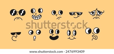 Set of Unique Cartoon Face Expressions with Different Emotions - Vector Illustration of Funny and Sad Faces with Sunglasses, Googly Eyes, and Various Mouths - Perfect for Emojis, Stickers, etc