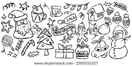 Hand-Drawn Christmas Doodle Set | Festive Black and White Holiday Illustrations Featuring Santa, Snowman, Gifts, Trees and More