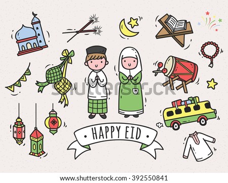 Eid mubarak or idul fitri themed cartoon doodle element
