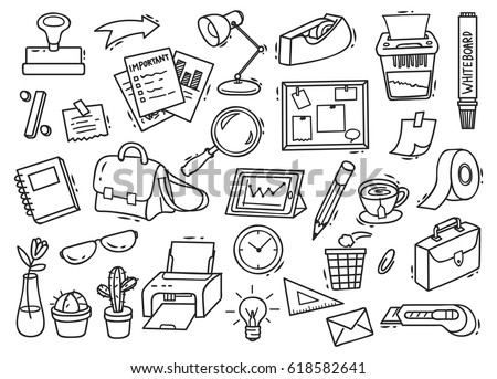 Set of office supplies doodle in white background