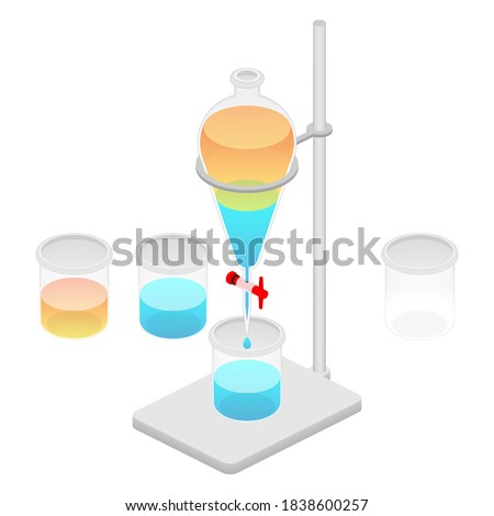 2.5D Isometric View Dimetric 2:1 Ratio Laboratory Separatory Funnel Set Clamp Stand, 2-Phase Liquid Chemical Solution Separation, Oil-Water Phase Experiment And Beaker Vector Illustration