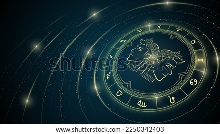 Twins Gemini Zodiac Symbol, Wheel of Twelve Sign, Star Trail, Glowing Ray of Star Light in Space, Horoscope and Astrology, Fortune-Telling, Stellar Backdrop Background Vector Illustration.