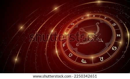 Archer Sagittarius Zodiac Symbol, Wheel of Twelve Sign, Star Trail, Glowing Ray of Star Light in Space, Horoscope and Astrology, Fortune-Telling, Stellar Backdrop Background Vector Illustration.