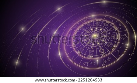Wheel of Twelve-Sign Stellar Constellation of Zodiac, Star Trail, Glowing Ray of Star Light in Space, Horoscope and Astrology, Fortune-Telling, Stellar Backdrop Background Vector Illustration.