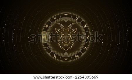 Sea-Goat Capricorn Zodiac Sign, Wheel of Twelve Symbol, Horoscope and Astrology, Fortune-Telling, Stellar Backdrop Background