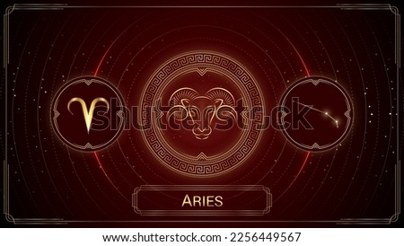 Ram Goat Aries Zodiac Sign, Symbol, Stellar Star Constellation, Classic Greek Meander Wheel, Horoscope and Astrology, Fortune-Telling, Stellar Backdrop Background