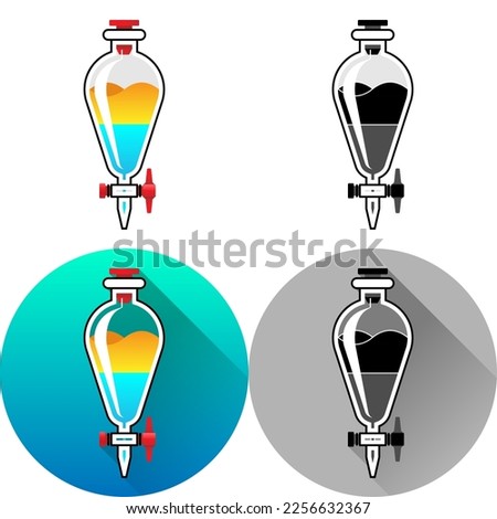 Separatory Funnel Two-Phase Liquid Laboratory Equipment Icon, Set of Flat Long Shadow, Color, Black-White Silhouette, Line Art Logo Icon Symbol Isolated on White Background for Science Medical