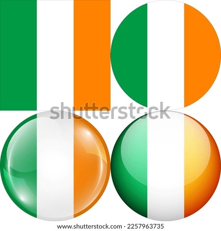 Ireland National Flag Symbol Logo Icon, set of 1:1 Square, Round Circular Shape, Bubble and Button Design Vector Illustration Isolated on White Background