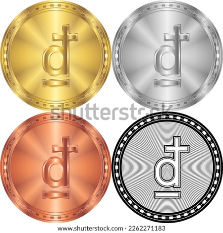 Viet Nam Dong (VND) Currency Sign Symbol Circular Round Coin Digital Cryptocurrency Gold, Silver, Copper, Black-White Silhouette Logo Icon Isolated on White Background