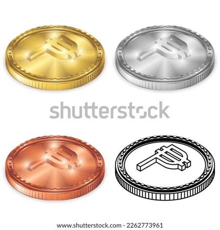 Philippines Peso (PHP) 2.5D Isometric Projection View Currency Sign Symbol Vector Design Gold, Silver, Copper (Bronze) and Silhouette Coin Isolated on White Background