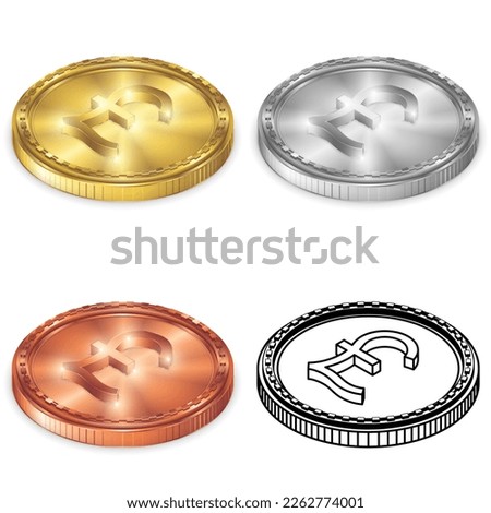 United Kingdom (UK), Great British Pound (GBP) 2.5D Isometric Projection View Currency Sign Symbol Vector Design Gold, Silver, Copper (Bronze) and Silhouette Coin Isolated on White Background