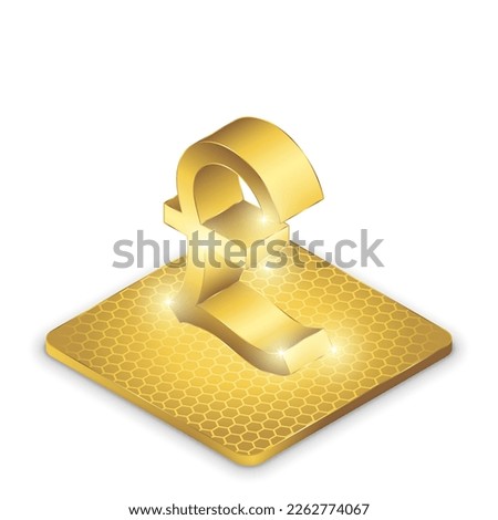 United Kingdom (UK), Great British Pound (GBP) 2.5D Isometric Projection Left View Currency Sign Symbol Vector Design Gold Icon Isolated on White Background