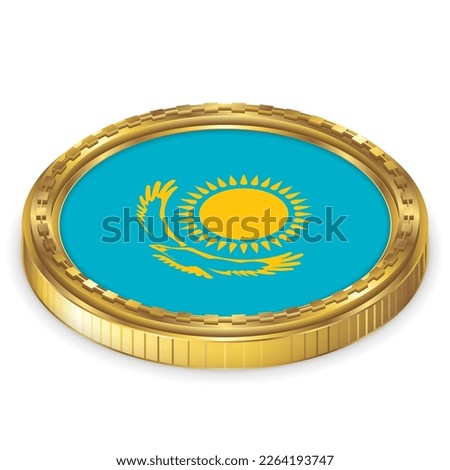 Kazakhstan (KZ) National Flag Round Icon 2.5D Isometric Projection View Gold Coin Isolated on White Background