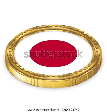 Japan (JP) National Flag Round Icon 2.5D Isometric Projection View Gold Coin Isolated on White Background