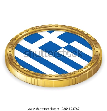 Greece (GR) National Flag Round Icon 2.5D Isometric Projection View Gold Coin Isolated on White Background