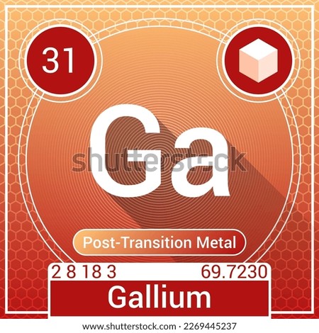 Gallium (Ga) Element - Post-Transition Metal - Periodic Table, Chemical Symbol, Name, Atomic Weight, Atomic Number, Electron Shells, Classification, Phase at STP - Chemistry Logo Icon Design