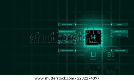 Hydrogen (H) Element Neon Light Glow Square Grid Background Design - Periodic Table, Chemical Symbol, Name, Atomic Weight, Atomic Number, Electron Shells, Classification, Phase at STP