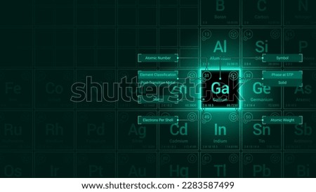 Gallium (Ga) Element Neon Light Glow Square Grid Background Design - Periodic Table, Chemical Symbol, Name, Atomic Weight, Atomic Number, Electron Shells, Classification, Phase at STP