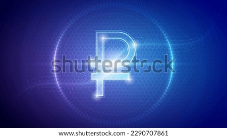 Russia Ruble (RUR) Sign Symbol Futuristic Hologram Neon Glow Cybernetic Digital Circuit Currency Cryptocurrency Exchange Trading Backdrop Background Design Vector