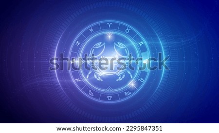Crab Cancer Zodiac Wheel Star Sign Futuristic Hologram Neon Glow Cybernetic Digital Translucent Horoscope, Astrology and Fortune-Telling Backdrop Background Illustration