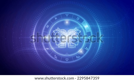 Twins Gemini Zodiac Wheel Star Sign Futuristic Hologram Neon Glow Cybernetic Digital Translucent Horoscope, Astrology and Fortune-Telling Backdrop Background Illustration