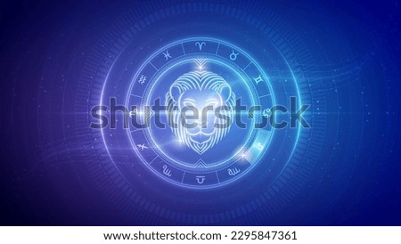 Lion Leo Zodiac Wheel Star Sign Futuristic Hologram Neon Glow Cybernetic Digital Translucent Horoscope, Astrology and Fortune-Telling Backdrop Background Illustration