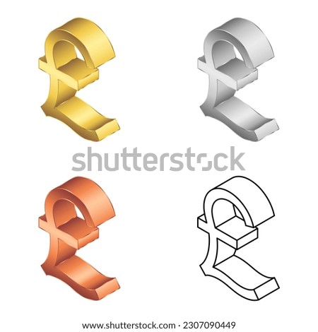 United Kingdom (UK), Great British Pound (GBP) 2.5D Isometric Left View Currency Symbol Vector Design Set of Gold, Silver Gray, Copper, Line Art (Wireframe) Icon Isolated on White Background