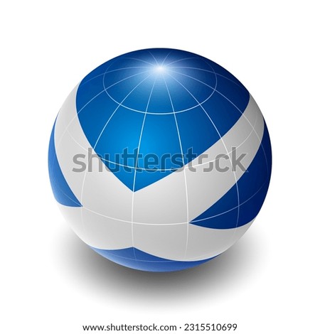 Scotland (GB-SCT) (Scottish) National Flag 2.5D Isometric View, Metallic Sphere Ball Globe Design, Flag Symbol Isolated on White Background