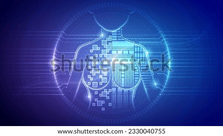 Human Female Breast, Mammary System, Cybernetic Futuristic Robotic Circuit Board Translucent Neon Glow Medical Hologram Backdrop Background Illustration