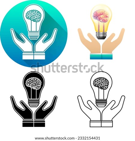 Two-Hand Holding Low Poly Triangulated Brain Light Bulb Idea Finance Icon, Set of Flat Long Shadow, Black-White Silhouette, Line Art Logo Icon Symbol Isolated on White Background