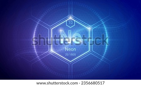 Neon (Ne) (010) Noble Gas - Fundamental Element Futuristic Neon Light Glow Hexagon Block Grid Background Design - Periodic Table, Chemical Symbol, Name, Atomic Mass, Atomic Number