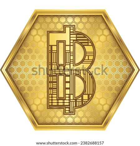 Thailand Baht (THB) National Currency Sign-Symbol Engineering Cybernetic Robotic Circuit Board Finance Icon Logo Button Design Golden Hexagon, White Background