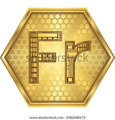 Switzerland Franc (CHF) National Currency Sign-Symbol Engineering Cybernetic Robotic Circuit Board Finance Icon Logo Button Design Golden Hexagon, White Background