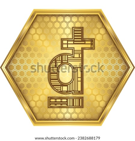 Viet Nam Dong (VND) National Currency Sign-Symbol Engineering Cybernetic Robotic Circuit Board Finance Icon Logo Button Design Golden Hexagon, White Background