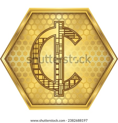 CENT, Ghanaian Cedi (GHS) National Currency Sign-Symbol Engineering Cybernetic Robotic Circuit Board Finance Icon Logo Button Design Golden Hexagon, White Background