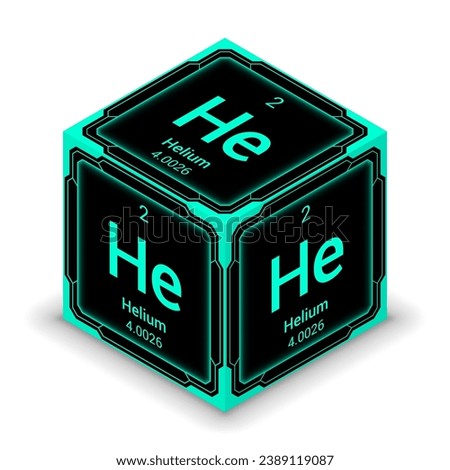 Helium (He) (002) - Fundamental Element Futuristic Cybernetic Cube Block Isometric View, Icon Isolated White Background, Periodic Table, Chemical Symbol, Name, Atomic Mass, Atomic Number