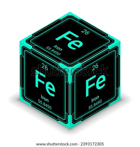 Iron (Ferrum) (Fe) (026) - Fundamental Element Futuristic Cybernetic Cube Block Isometric View, Icon Isolated White Background, Periodic Table, Chemical Symbol, Name, Atomic Mass, Atomic Number