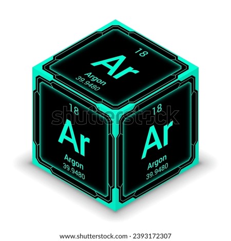 Argon (Ar) (018) - Fundamental Element Futuristic Cybernetic Cube Block Isometric View, Icon Isolated White Background, Periodic Table, Chemical Symbol, Name, Atomic Mass, Atomic Number